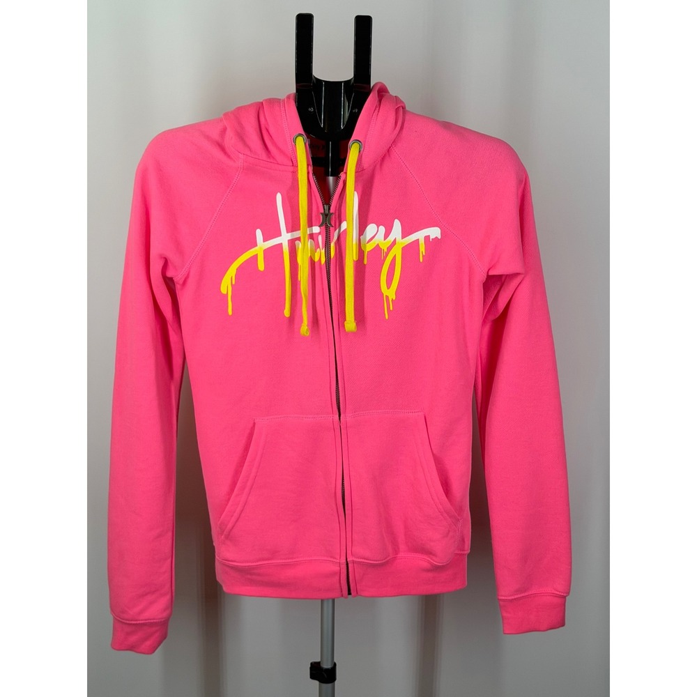 Hurley Womens Neon Pink Yellow Drip Logo Zip Up Hoodie Sweatshirt XS